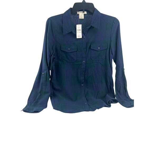 Plassy Checkered Button-Up Shirt Medium Green & Navy Long Sleeves Oversized - Picture 6 of 6